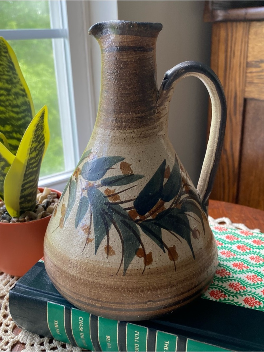 Vintage Handcrafted Ceramic Pitcher jug Leaf Motif Olive Oil Pottery EUC